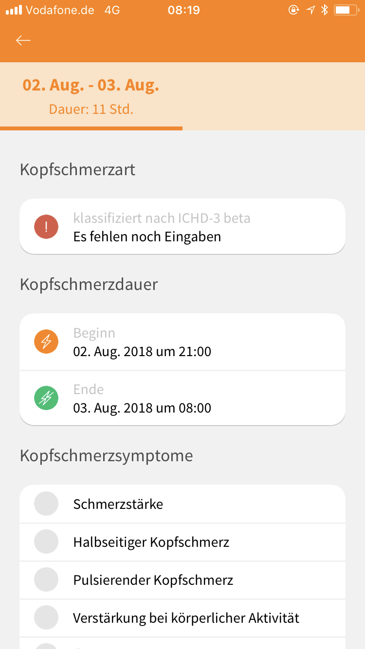 Kopfschmerzen eingeben mit M-sense